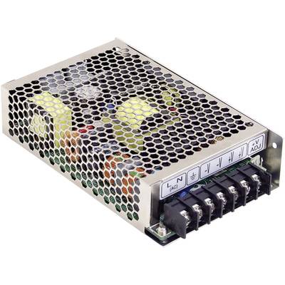 Un bloc d'alimentation métallique avec plusieurs ports et étiquettes pour l'ajustement de la tension et des connexions visibles sur le face avant.