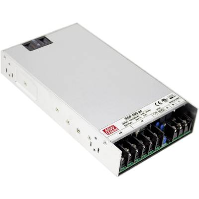 Un bloc d'alimentation à découpage argenté de la marque 'Mean Well', modèle RSP-500-24, doté de plusieurs connexions électriques.