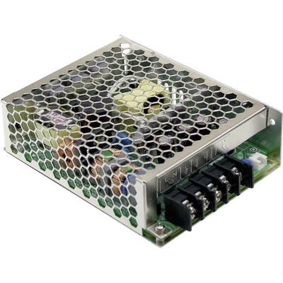 Bloc d'alimentation métallique avec grille de ventilation en nid d'abeille, montrant des composants internes tels que des condensateurs et des bornes de connexion.