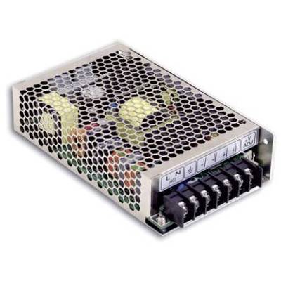 Unité d'alimentation électrique avec boîtier métallique et grille de ventilation, montrant les connexions pour courant alternatif (CA) et courant continu (CC).
