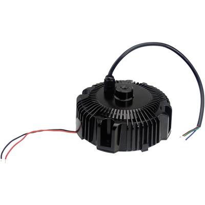 Un driver LED circulaire avec dissipateur thermique et câbles pour connexions électriques. Adapté aux applications d'éclairage industriel.