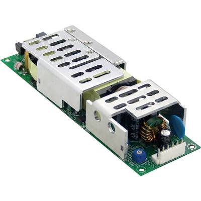 'Unité d'alimentation électrique en métal avec des fentes de ventilation, montée sur un circuit imprimé vert avec des composants électroniques.'