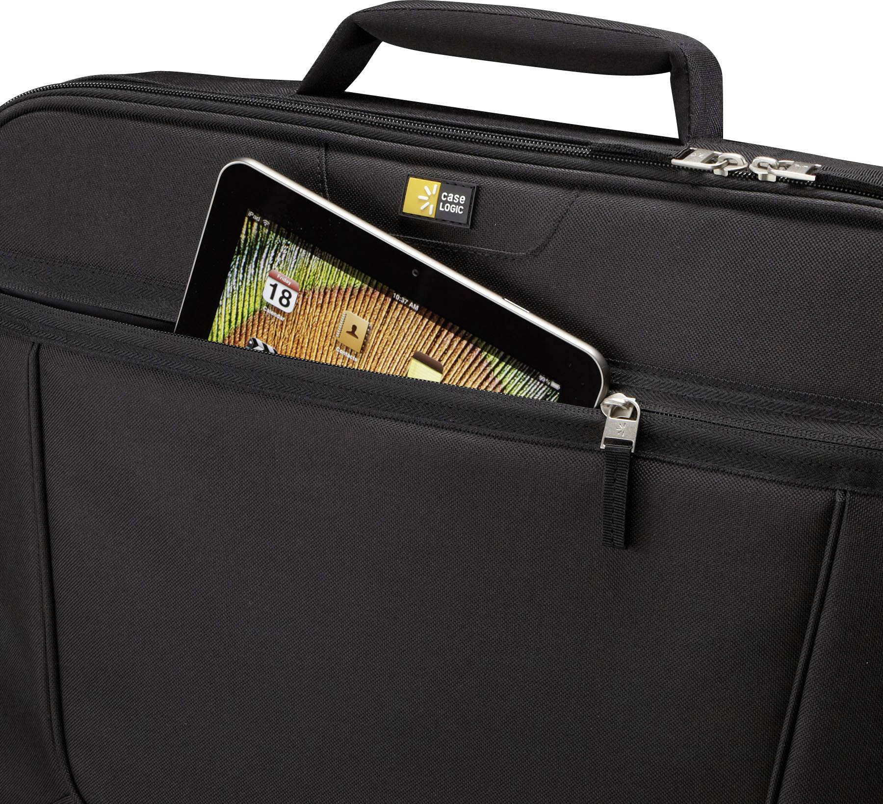 Un sac noir à fermeture éclair, partiellement ouvert, montre une tablette dans son compartiment intérieur. Le sac est muni d'une poignée.