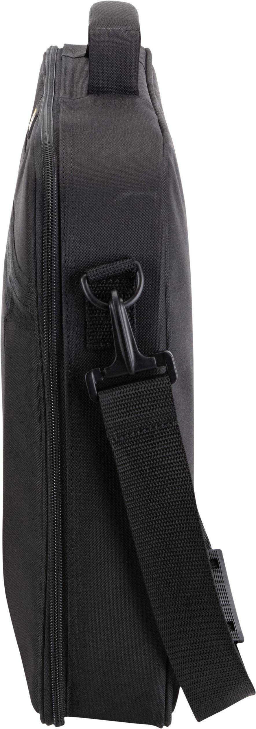 Sacoche noire pour ordinateur portable, photographiée de profil, équipée d'une bandoulière, d'une fermeture à glissière et d'une poignée de transport.