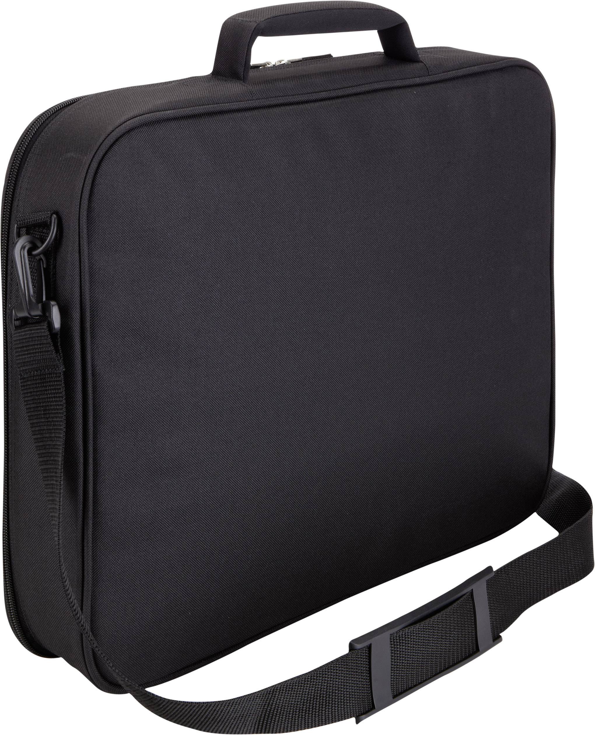 Sacoche pour ordinateur portable noire avec poignée de transport et bandoulière amovible, conçue pour le rangement et le transport sécurisé d'un ordinateur portable.