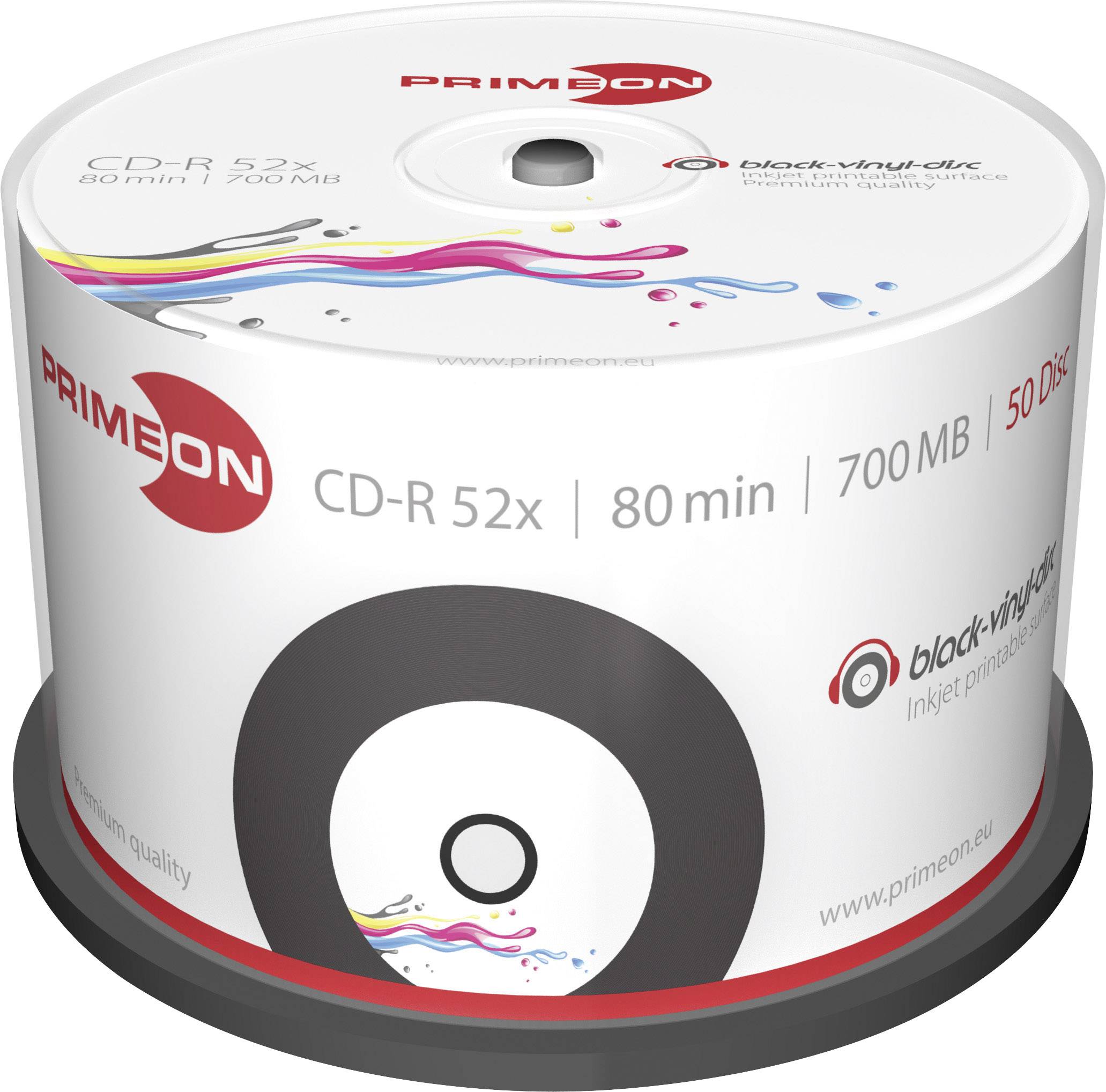 CD-R 52x de Primeon, capacité de 700 Mo, durée d'enregistrement de 80 minutes, lot de 50. L'emballage présente le logo et des graphiques design.