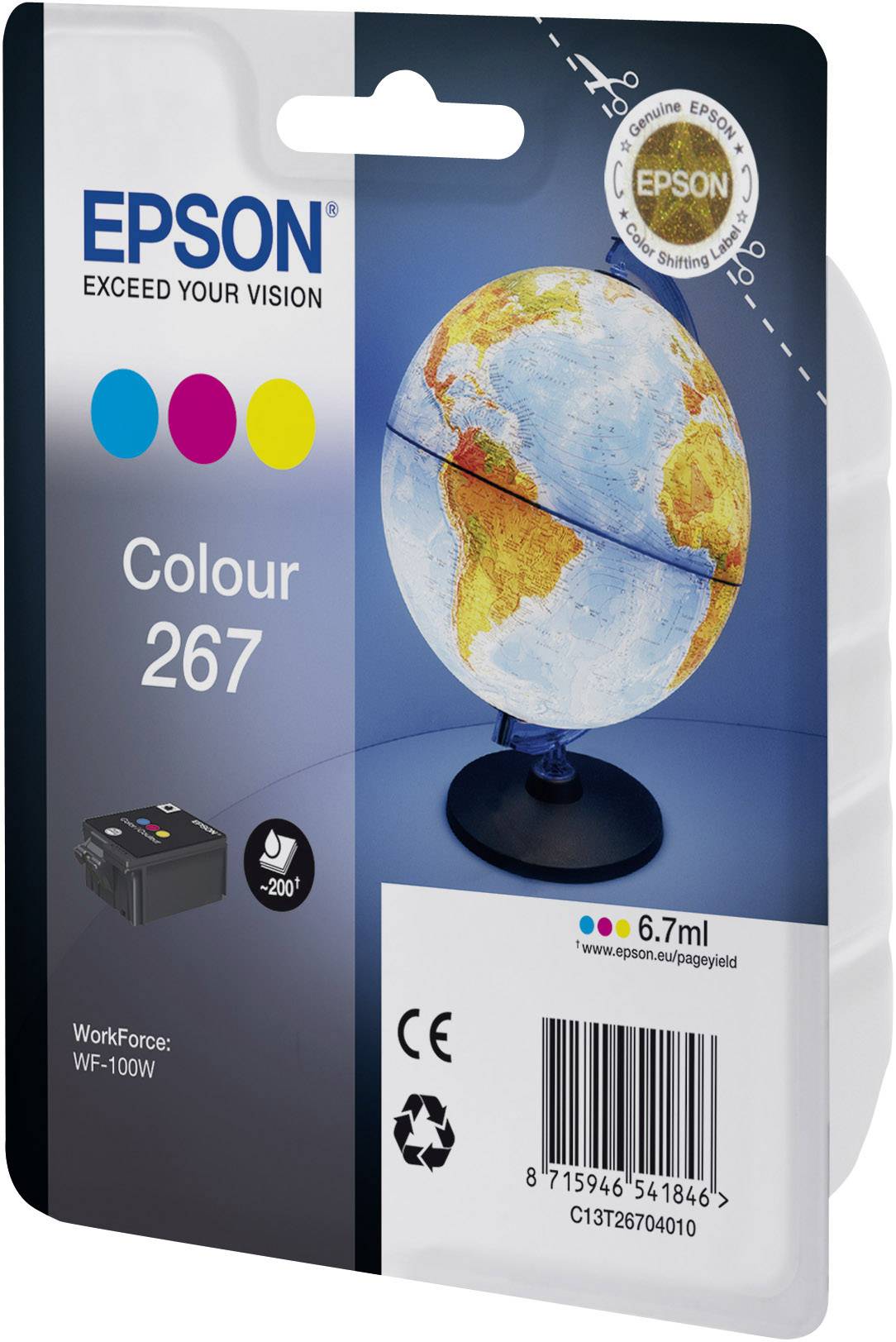 Cartouche d'encre couleur EPSON 267 pour imprimante WF-100W, avec motif de globe terrestre, capacité de 200 pages, contenance de 6,7 ml d'encre.
