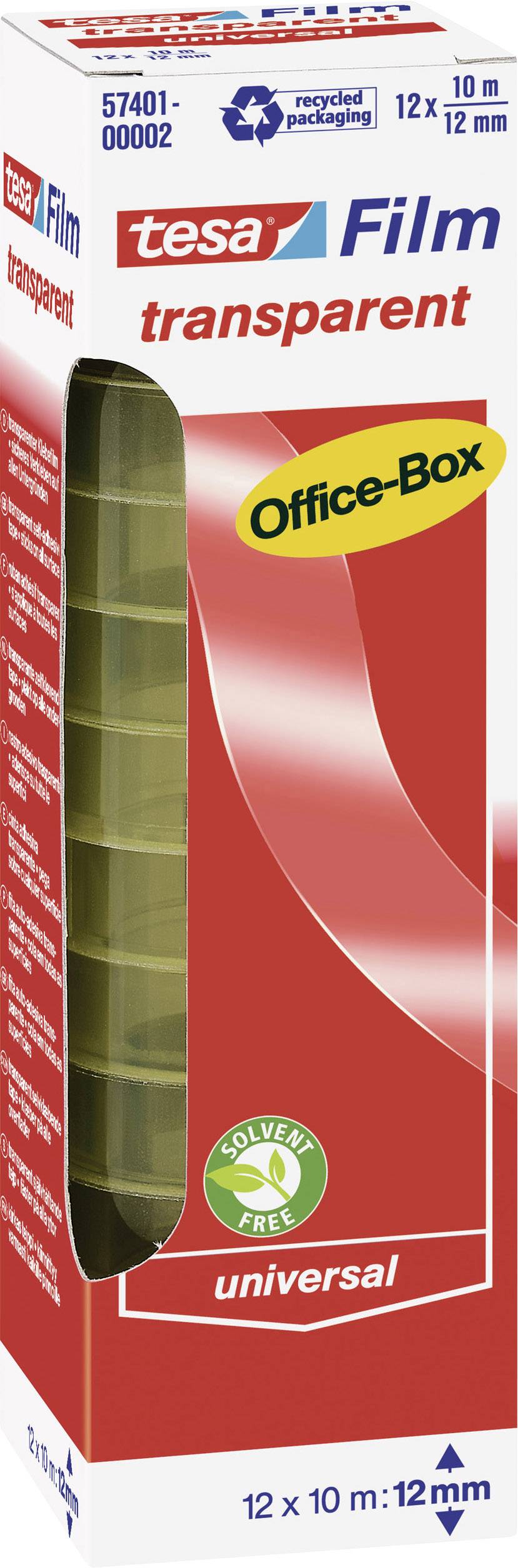 'Rouleau de ruban adhésif transparent dans un boîtier de bureau rouge, recyclable et sans solvant, 12mm x 10m, adapté à un usage universel.'