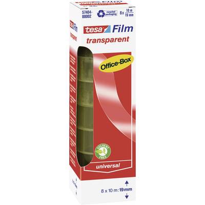 Film transparent Tesa dans une boîte de bureau, 8 rouleaux, chacun de 10m de long et 19mm de large, sans solvant, emballage avec symbole de recyclage.