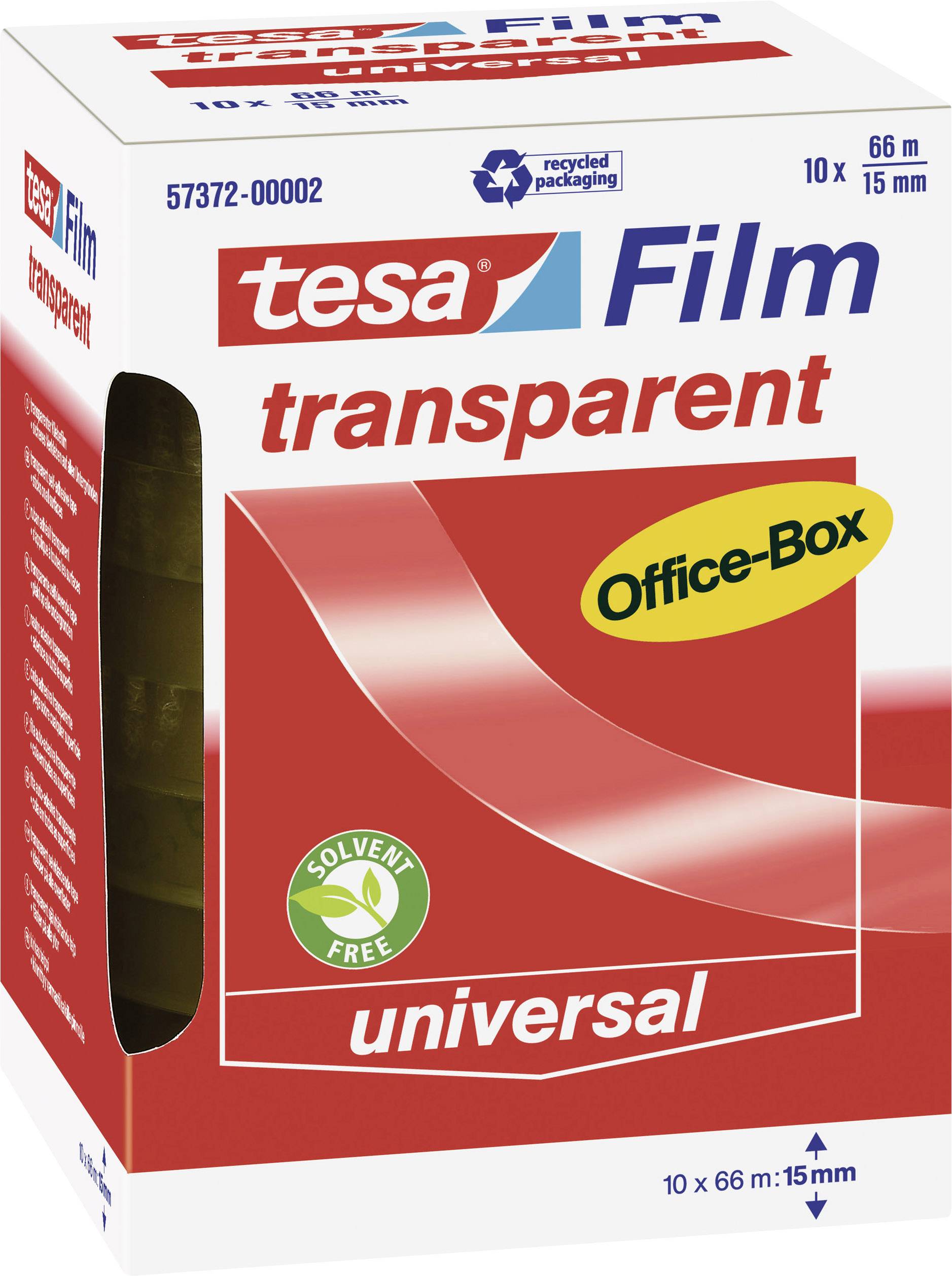 Un emballage rouge portant l'inscription 'tesa Film transparent Office-Box universal', 10 rouleaux de 66m de ruban adhésif, sans solvant.