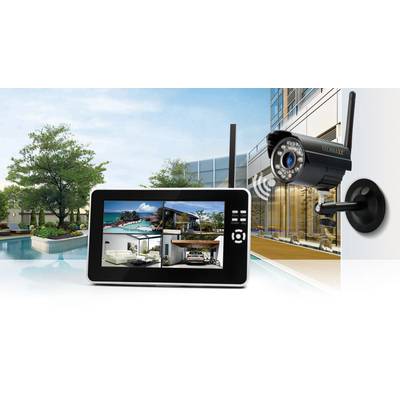 Caméra de surveillance avec moniteur affichant des vues extérieures et intérieures d'une maison avec piscine. Signaux de transmission entre la caméra et le moniteur.