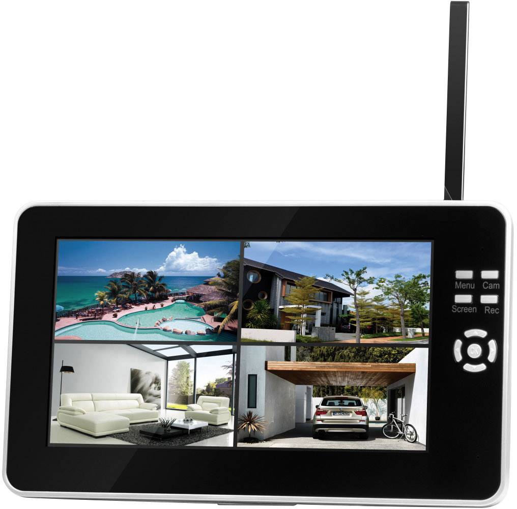 Image d'un moniteur affichant quatre vues de vidéosurveillance : 1. Plage et piscine, 2. Maison moderne, 3. Salon, 4. Entrée avec voiture et vélo.