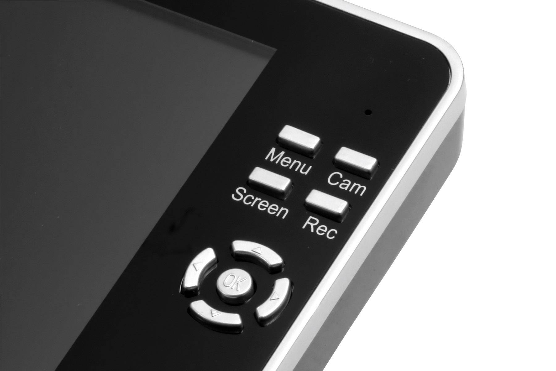 Un appareil électronique noir avec un écran. Sur la droite se trouvent quatre touches portant les libellés « Menu », « Cam », « Screen », « Rec ».