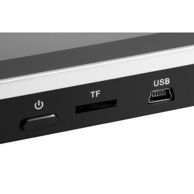 Partie d'un appareil électronique avec interrupteur secteur, lecteur de carte TF et port USB.