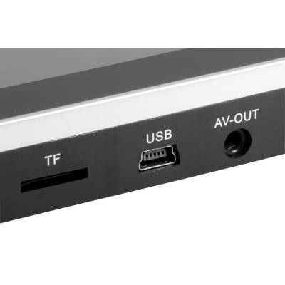 Un appareil électronique rectangulaire avec des connexions : un emplacement pour carte TF, un port USB et un port AV-OUT sur un fond noir.