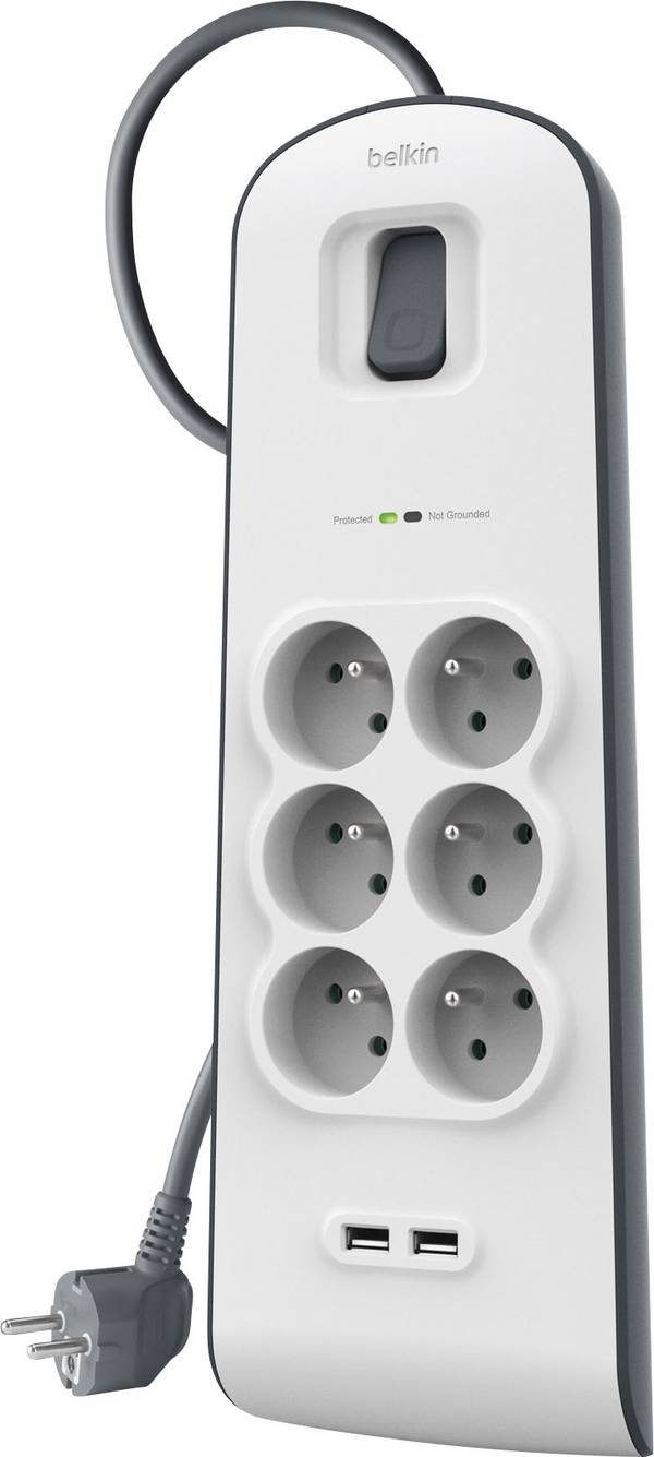 Multiprise Parafoudre 6 Prises / 2 Ports USB-A avec Câble 2m