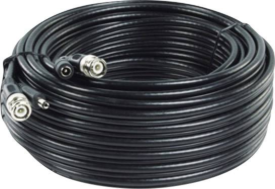 Câble coaxial noir enroulé, doté de deux connecteurs aux extrémités. Adapté pour les transmissions vidéo ou les installations satellitaires.