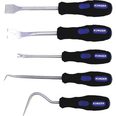 Cinq outils munis de poignées noires et de logos bleus, de formes variées : plats, avec crochets et fourchettes, adaptés à différentes applications.