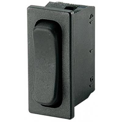 Un interrupteur à bascule noir de forme rectangulaire, positionné verticalement.