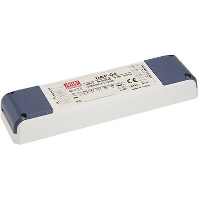 Un transformateur rectangulaire bleu et blanc de Mean Well, modèle DAP-04, avec des spécifications techniques imprimées.