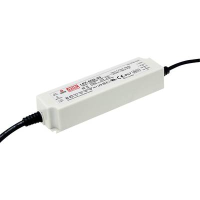 Un bloc d'alimentation rectangulaire blanc avec un câble noir à chaque extrémité. Un autocollant affiche le numéro de modèle 'LPF-60D-30' et des détails techniques.