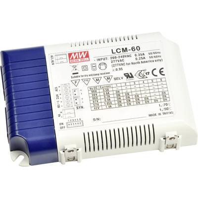 Pilote LED LCM-60 de Mean Well. Entrée : 200-240VAC, 0,35A à 50/60Hz. Puissance de sortie : 60W. Intensités de courant ajustables : 500mA à 1400mA.