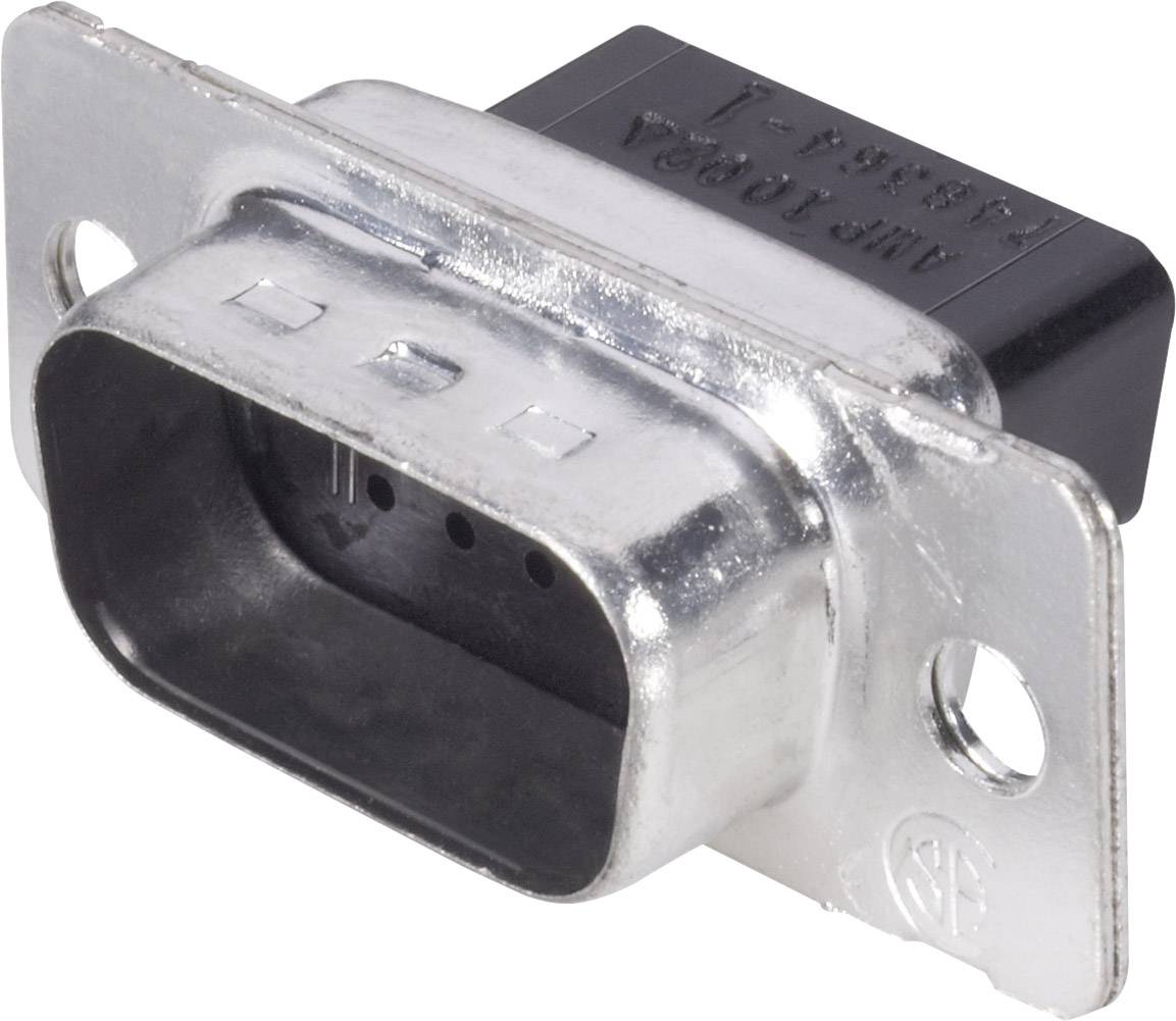 Connecteur électronique avec un boîtier métallique rectangulaire et un composant en plastique, présentant des ouvertures pour les connexions de câbles.