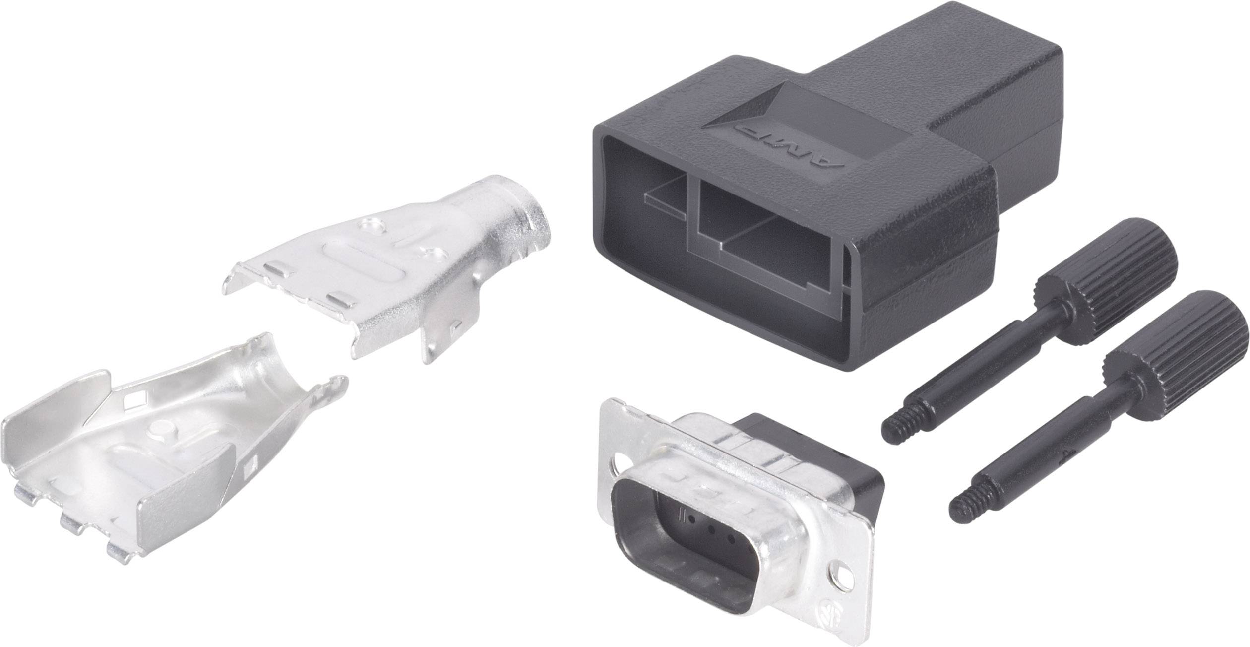 Un connecteur noir avec des pièces de boîtier métalliques amovibles et deux vis noires. Compatible avec diverses configurations de connexion.