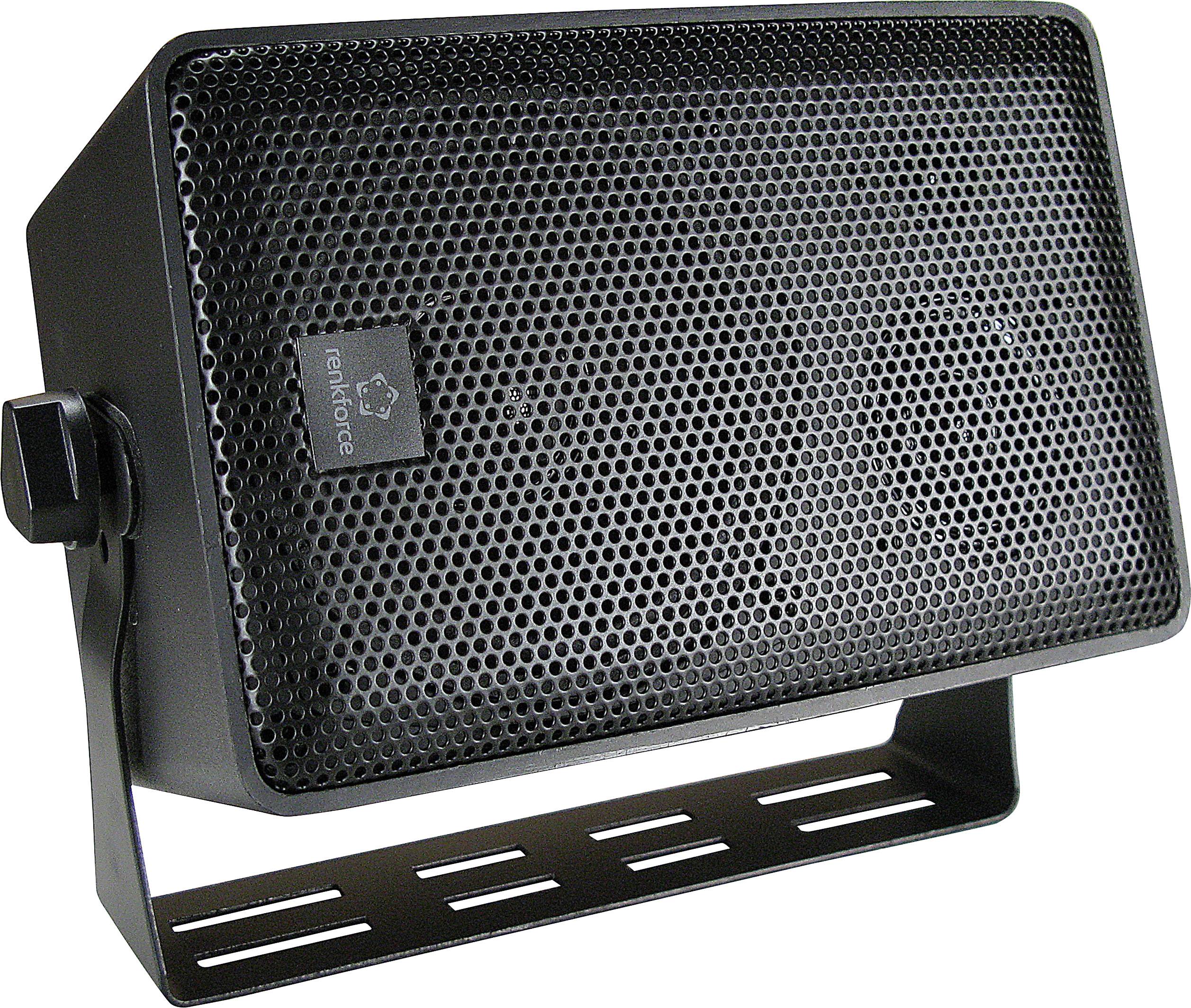 Un haut-parleur noir avec une grille rectangulaire et un socle, adapté pour des installations dans différentes positions.