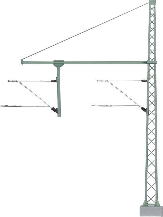 Un poteau électrique vert unique pour caténaires, utilisé dans les installations ferroviaires, sur un fond neutre.