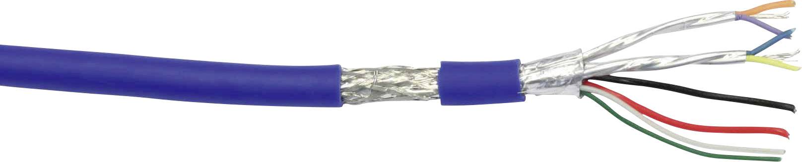 Un câble bleu blindé avec des fils codés par couleur exposés à l'extrémité.