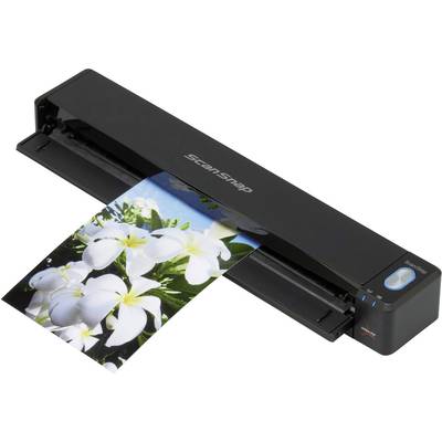 Un scanner numérise une photo de fleurs blanches avec des feuilles vertes devant un ciel bleu ; le nom de la marque est visible.