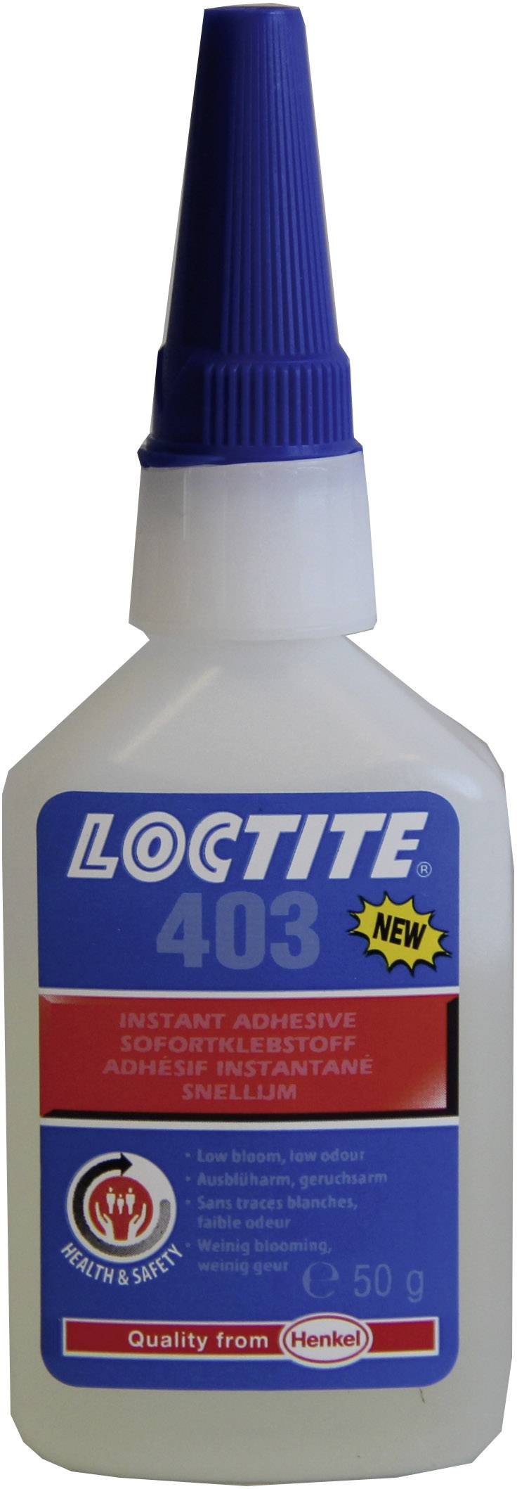 Une bouteille de colle instantanée Loctite 403 avec un bouchon bleu et une étiquette rouge. Contient 50 g d'adhésif pour des raccordements rapides.