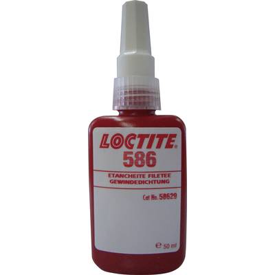 Bouteille rouge portant l'inscription 'LOCTITE 586', utilisée pour l'étanchéité des filets. Contient 50 ml.
