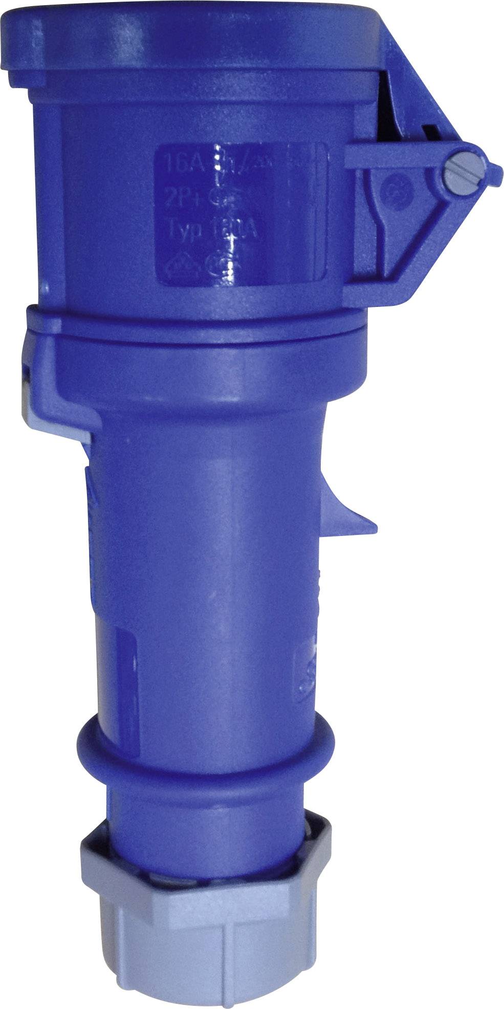 Fiche électrique bleue avec connecteur de raccordement et couvercle verrouillable, adaptée aux applications industrielles.