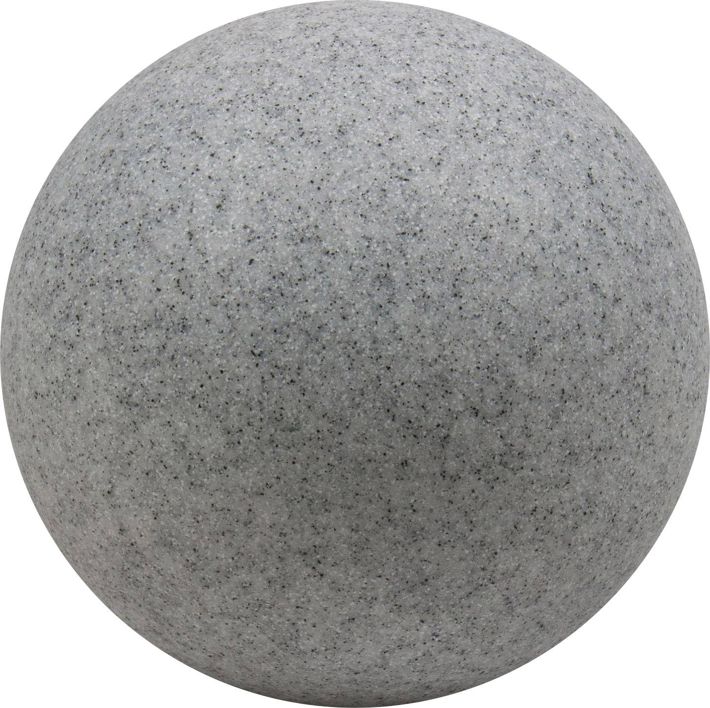 Boule de pierre grise, lisse et polie, à la surface légèrement tachetée.
