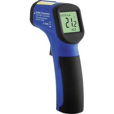 Un thermomètre infrarouge bleu affiche 21,2 degrés Celsius sur un écran numérique. L'appareil possède une poignée noire.
