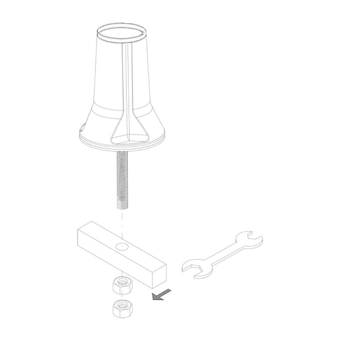 'Illustration d'un processus de montage : Une lampe avec une vis est vissée dans le socle, à côté une clé et des écrous.'