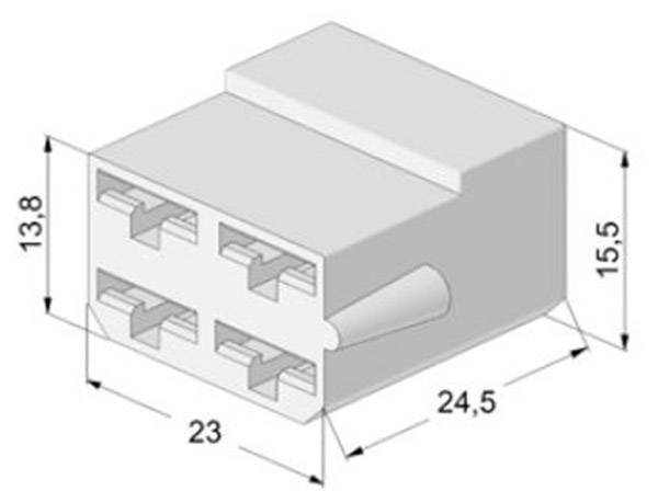 'Dessin technique d'une fiche à quatre broches. Dimensions : largeur 23 mm, profondeur 24,5 mm, hauteur 15,5 mm et 13,8 mm.'