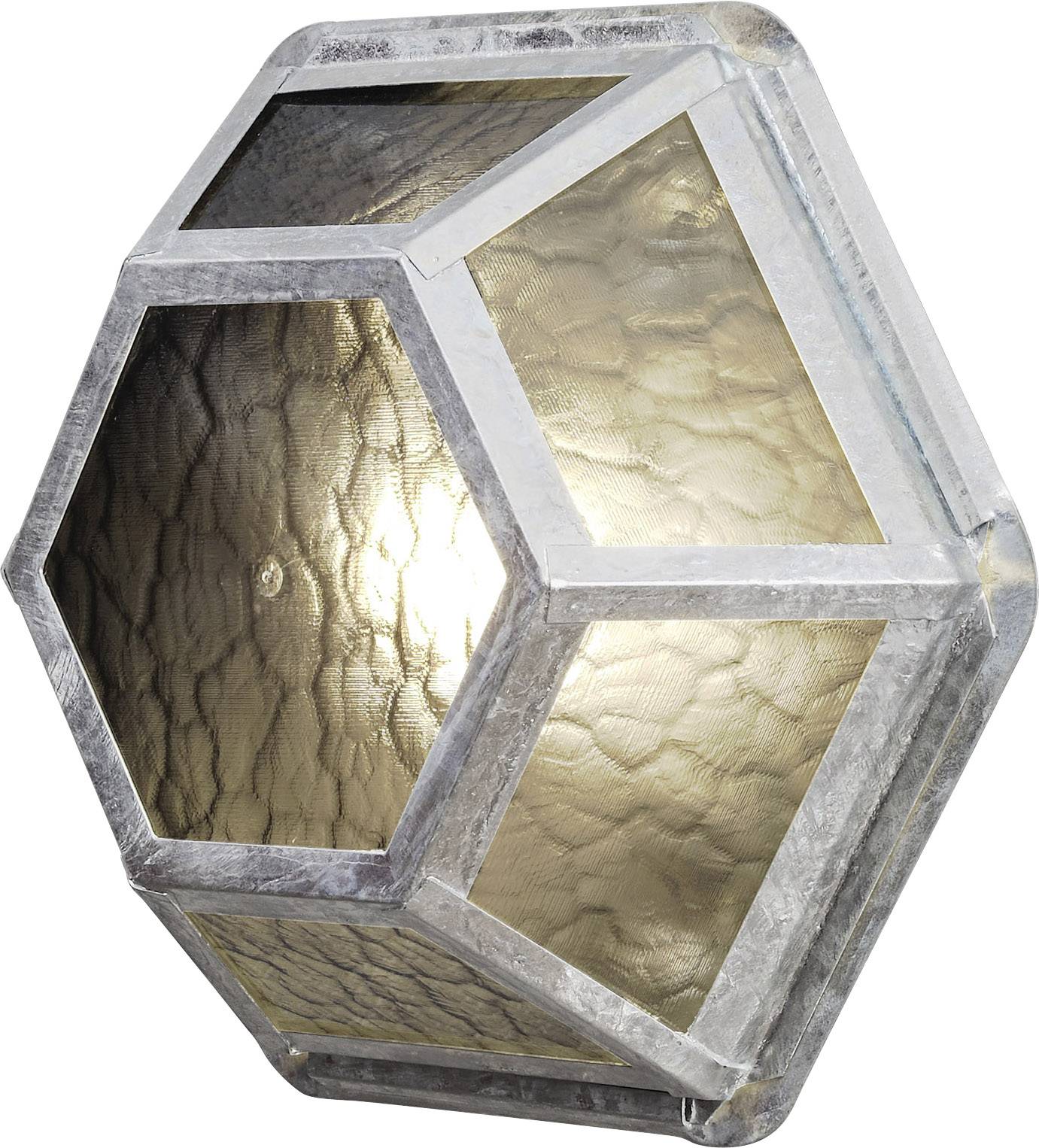 Applique murale hexagonale avec un cadre métallique et un verre texturé, laissant filtrer une lumière chaleureuse.