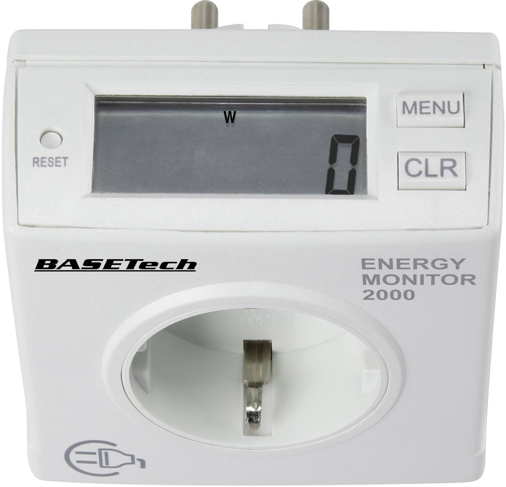 Le 'BASETech Energy Monitor 2000' affiche la consommation d'énergie en watts. Appareil doté d'une prise électrique et d'un écran, avec les touches 'MENU' et 'CLR' visibles.