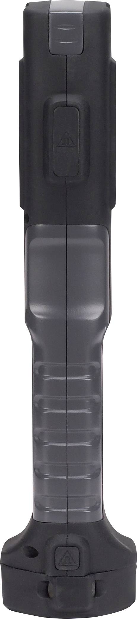 'Lampe de poche noire avec poignée striée et interrupteur sur l'avant.'