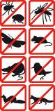Dix pictogrammes avec un cercle rouge barré montrent des animaux indésirables : fourmi, mouche, moustique, mite, souris, rat, oiseau, belette, renard.