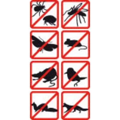 Dix pictogrammes avec un cercle rouge barré montrent des animaux indésirables : fourmi, mouche, moustique, mite, souris, rat, oiseau, belette, renard.