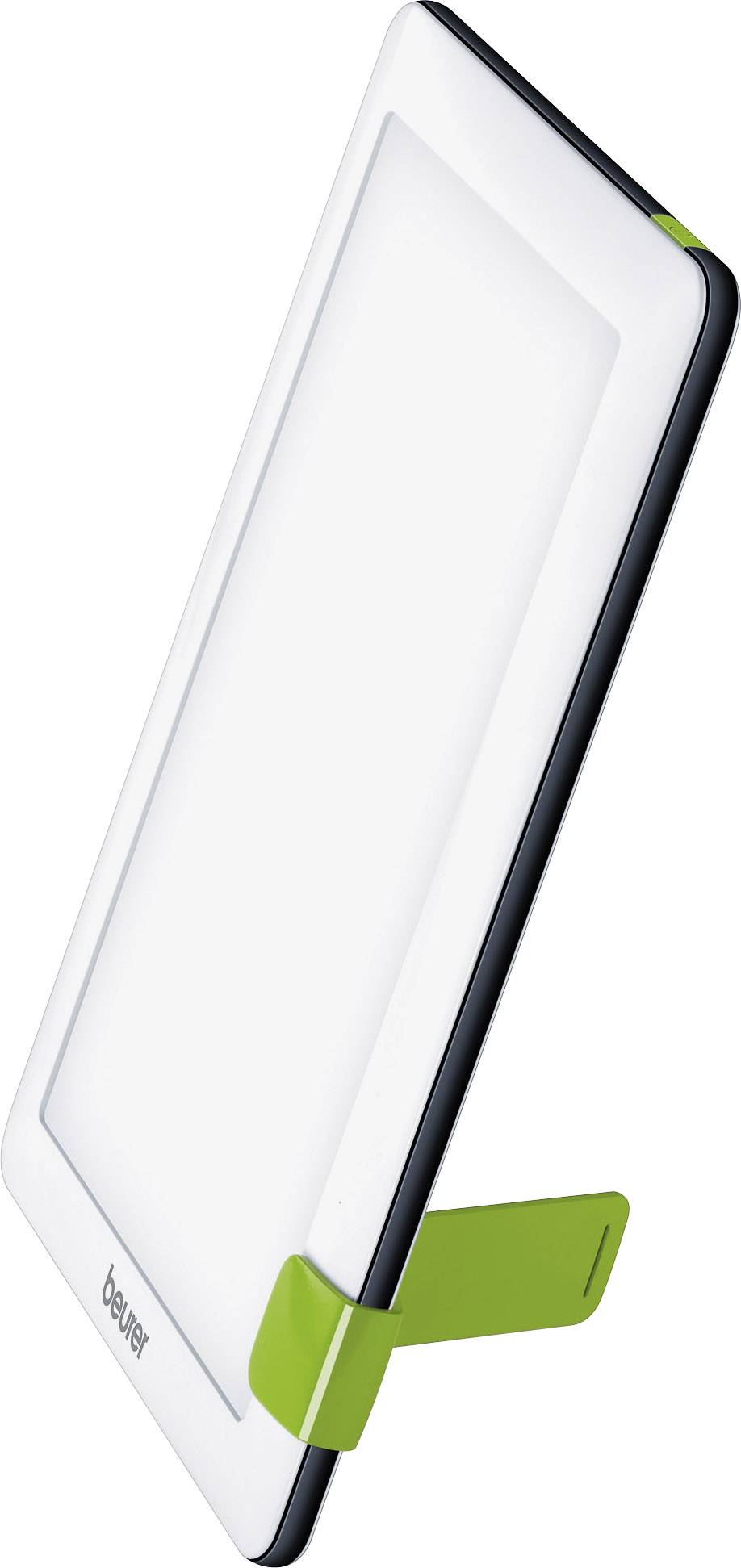 Une lumière blanche rectangulaire posée sur un support vert. Le design est élégant et moderne.