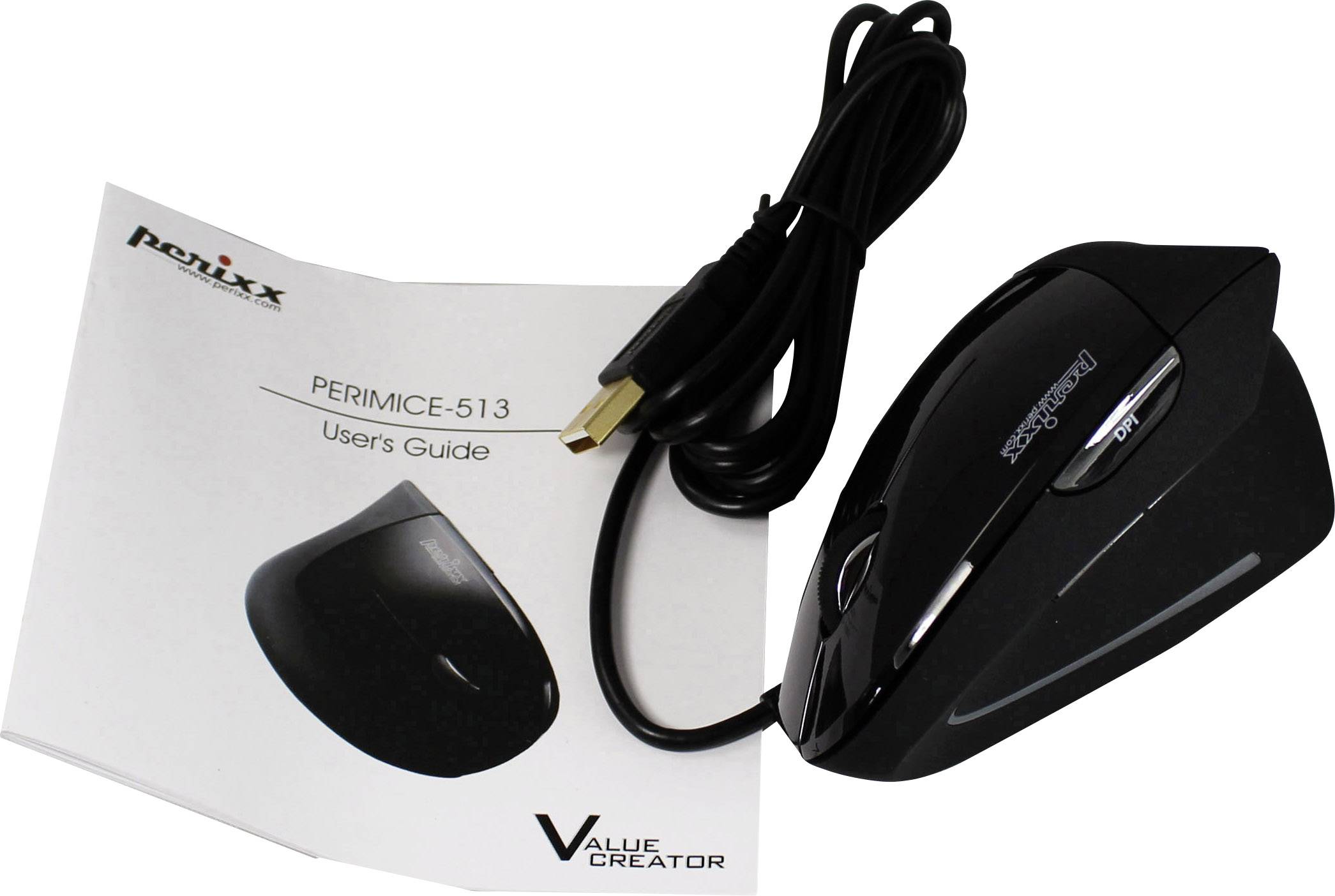 Une souris d'ordinateur ergonomique verticale filaire est posée sur un manuel d'utilisation étiqueté « PERIMICE-513 Mode d'emploi ».