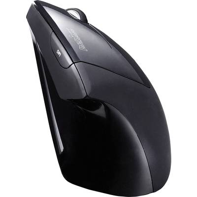 Une souris noire ergonomique avec un design vertical et un bouton DPI sur le côté.