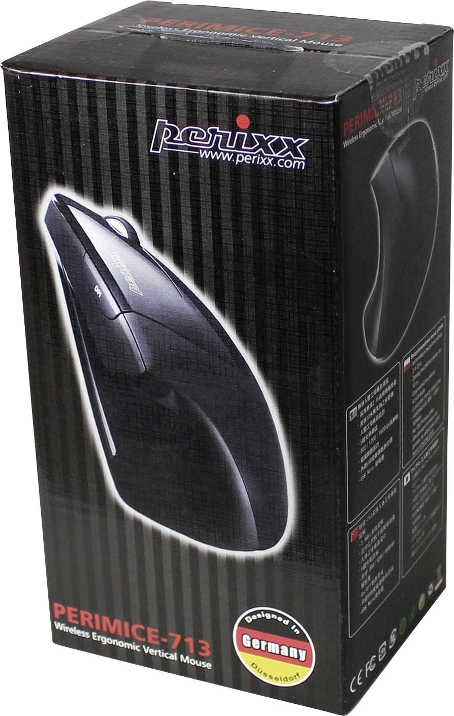 Souris verticale ergonomique 'PERIMICE-713' de Perixx en emballage noir, avec l'inscription 'Designed in Germany'.