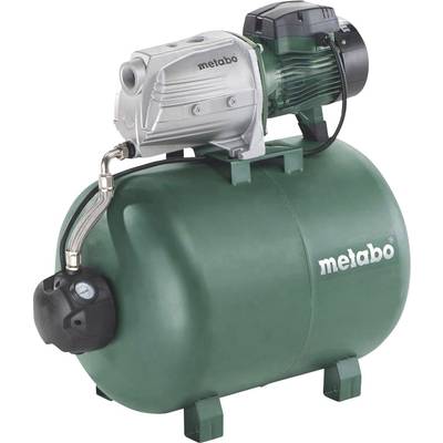 Groupe de surpression domestique Metabo avec réservoir sous pression vert et moteur argenté, pour l'alimentation en eau et l'augmentation de la pression dans les installations domestiques et de jardin.