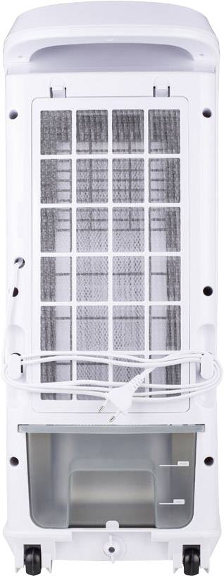 Refroidisseur à air avec grille à l'avant, réservoir d'eau en bas, et câble enfichable enroulé autour de l'arrière. Roulettes en bas pour la mobilité.